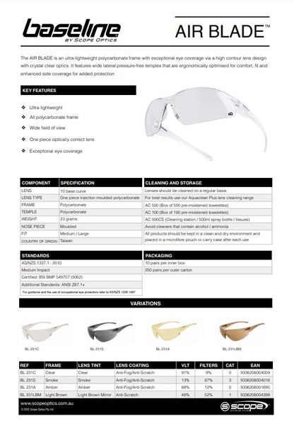 Scope Air Blade Safety Glasses - 10 Pairs in 4 Lens Colour Options