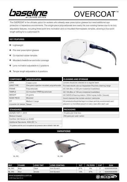 Scope Overcoat Safety Glasses - 10 pairs 2 Lens Colour Options