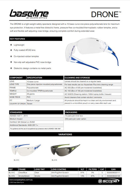 Scope Drone AF/AS Safety Glasses - 10 Pairs in 2 Lens Colour Options