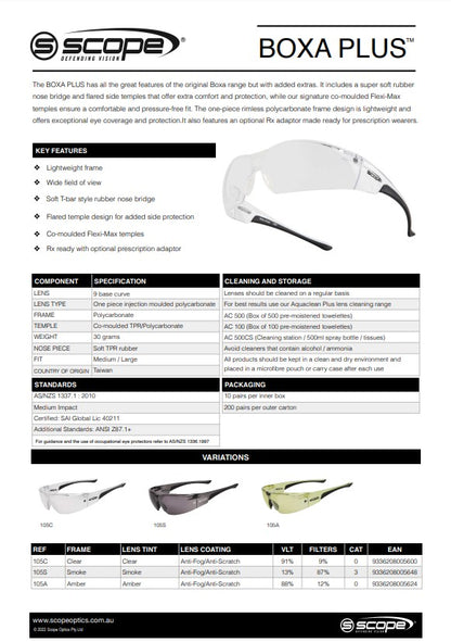 Scope Boxa Plus AF/AS Safety Glasses - 10 Pairs in 3 Lens Colour Options