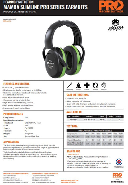 Mamba Slimline Pro Series EarMuff - 3 Style Options