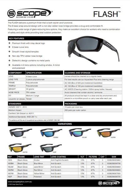 Scope Flash Jet Black Frame Safety Glasses - 6 Lens Colour Options