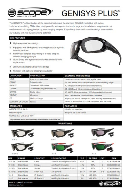 Scope Genisys Safety Glasses Plus Black Frame - 4 Lens Colour Options
