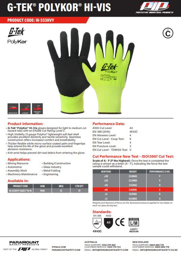 G-Tek Polykor Cut C Hi Vis Gloves - 1, 6 or 12 pairs in 3 Size Options