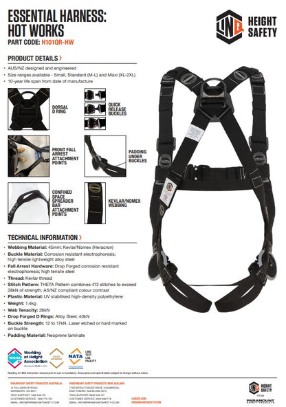Linq Essential Hot Works Harness with Quick Release Buckle Kevlar Webbing M-L