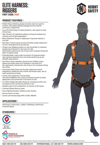 Linq Elite Riggers Harness + Harness Bag - 3 Size Options or Stainless Steel