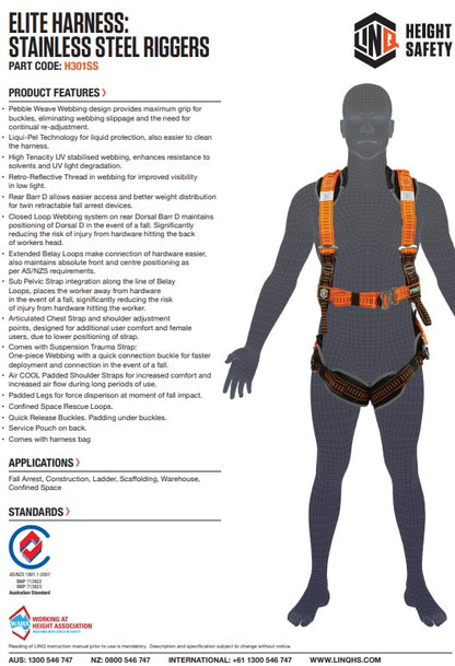 Linq Elite Riggers Harness + Harness Bag - 3 Size Options or Stainless Steel