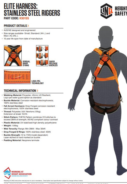 Linq Elite Riggers Harness + Harness Bag - 3 Size Options or Stainless Steel