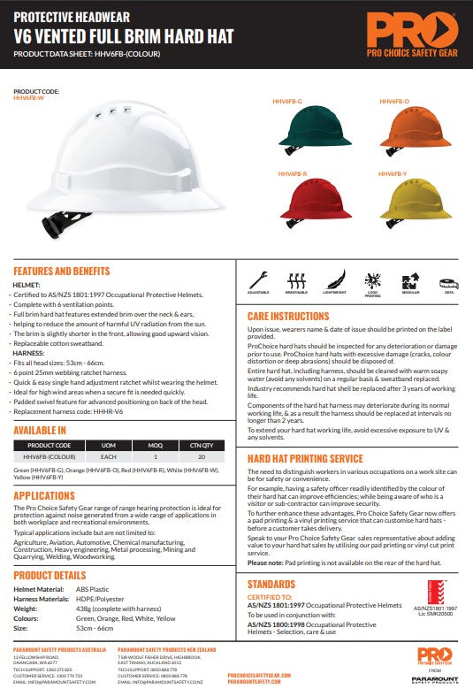 Pro Choice V6 Hard Hat Vented Full Brim Ratchet Harness - 5 Colour Options
