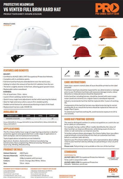 Pro Choice V6 Hard Hat Vented Full Brim Ratchet Harness - 5 Colour Options