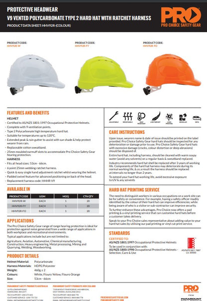 Pro Choice V9 Type 2 Hard Hat with Ratchet Harness - 3 Colour Options