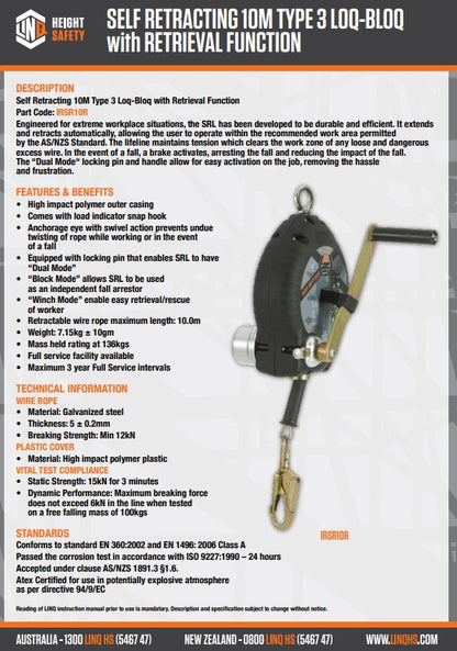 Linq Self Retracting Lifeline Type 3 LOQ-BLOQ with Retrieval Function - 10m or 30m