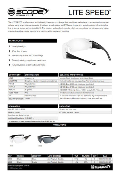 Scope Lite Speed AF/AS Safety Glasses - 10 Pairs in 2 Lens Colour Options