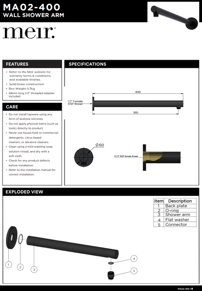 Meir Round Wall Shower Arm 400mm - Various Colour Finishes