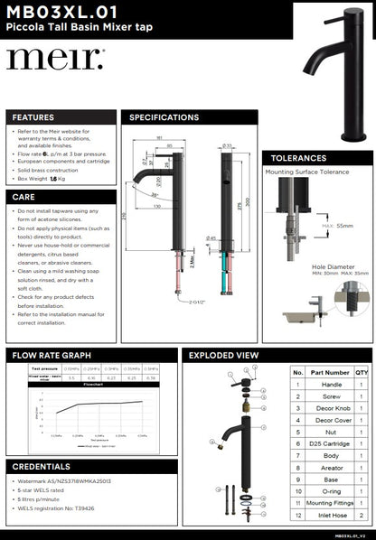 Meir Piccola Tall Basin Mixer Tap with 130mm Spout - Various Colour Finishes