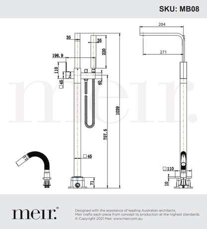 Meir Matte Black Square Freestanding Bath Spout and Hand Shower