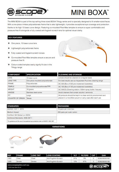 Scope Mini Boxa AF/AS Safety Glasses - 10 Pairs in 2 Lens Colour Options