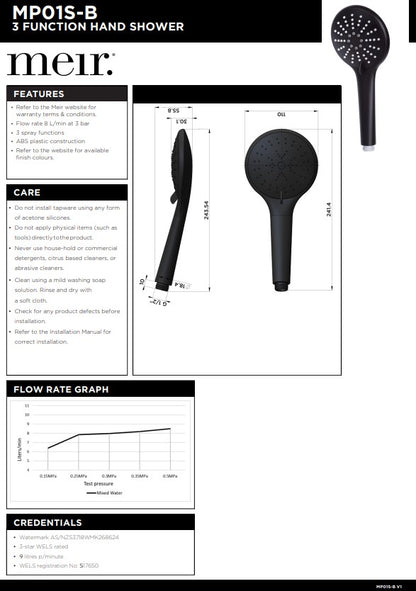 Meir Round Hand Shower Three Function - Replacement Wand