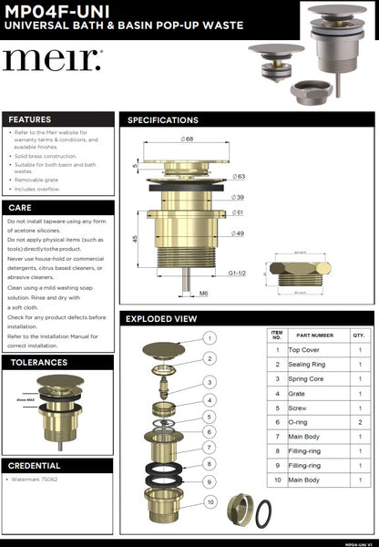 Meir Pop-Up Bath Waste - Removable Grate & Bath & Basin - Various Colour Finishes