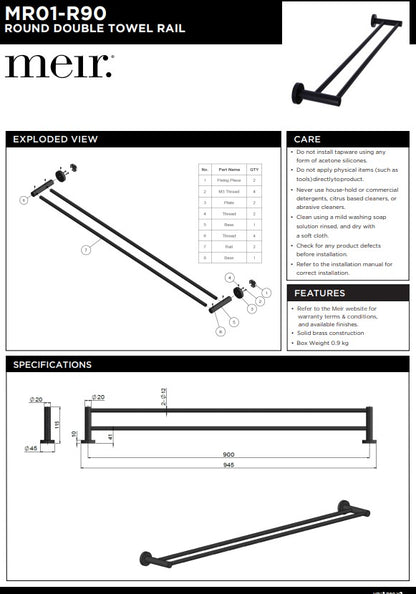 Meir Round Double Towel Rail 900mm - Various Colour Finishes