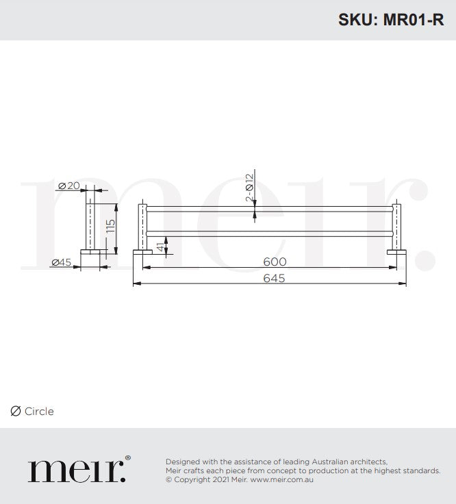 Meir Round Double Towel Rail 600mm in Round or Square Bar - Various Colour Finishes