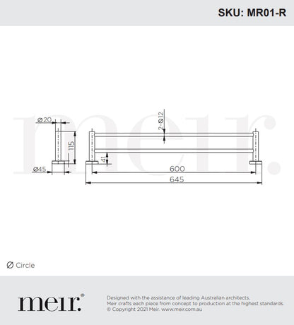 Meir Round Double Towel Rail 600mm in Round or Square Bar - Various Colour Finishes