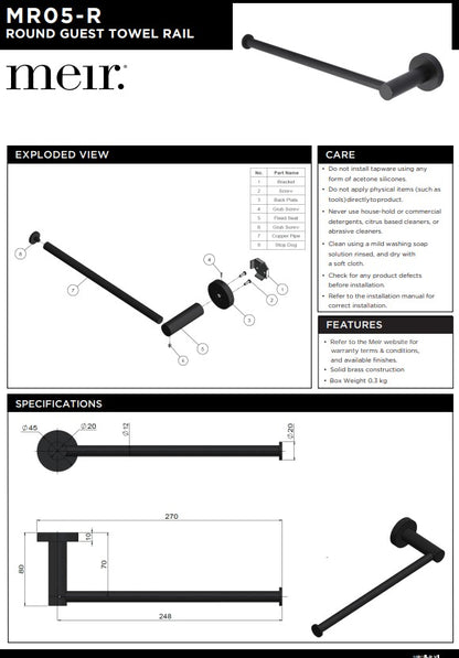 Meir Guest Towel Rail 270mm in Round & Square Bar - Various Colour Finishes