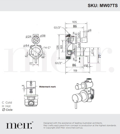 Meir Pinless Handle Round Diverter Mixer - Finish Trim Kit - Various Colour Finishes