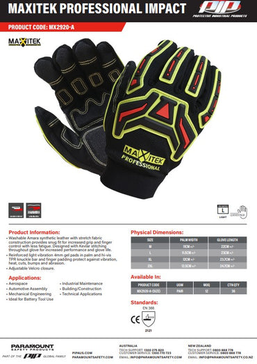 MaxiTek Professional Impact Gloves - 1, 6 or 12 Pairs in 2 Sizze Options