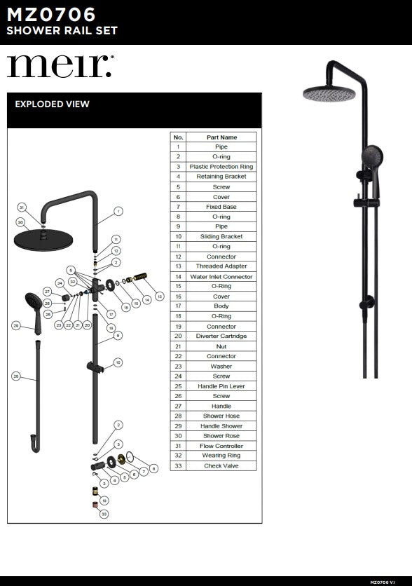 Meir Round Combination Shower Rail 300mm Rose + Three-Function Hand Shower - Various Colour Finishes