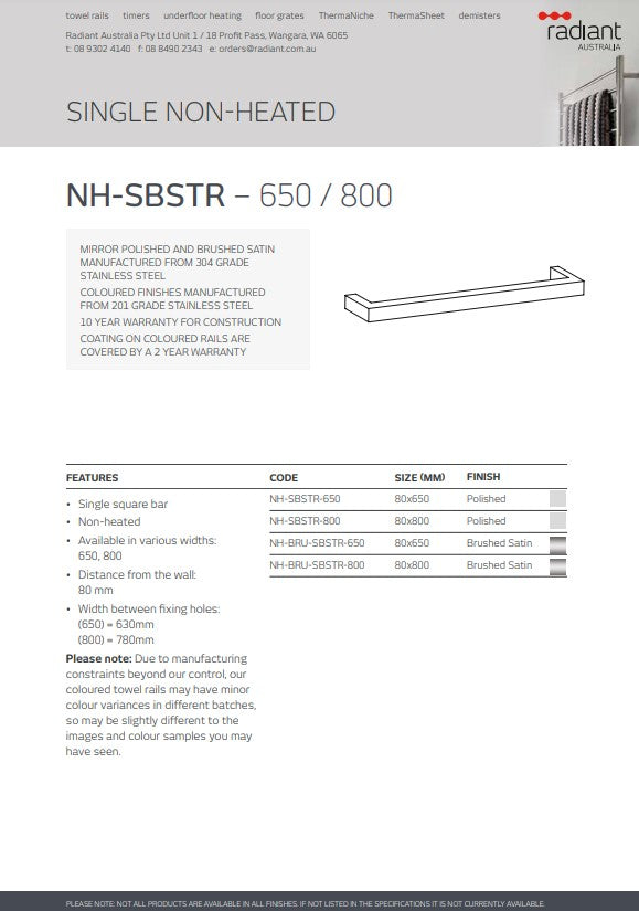 Radiant Single SQUARE Bar NON-HEATED Towel Rail Kits (SBSTR) - Various Widths and Colour Finishes