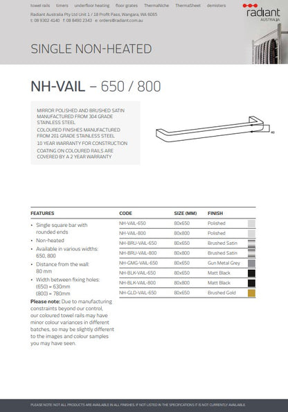 Radiant Single SQUARE WITH ROUNDED ENDS Bar Heated Towel Rail Kits (VAIL) - Various Widths, Colour Finishes and Number of Bars Available