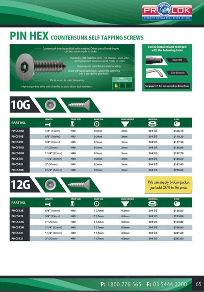 Pin Hex Countersunk 304 Stainless Steel Self Tapping Screw Box of 100 - in Various Sizes