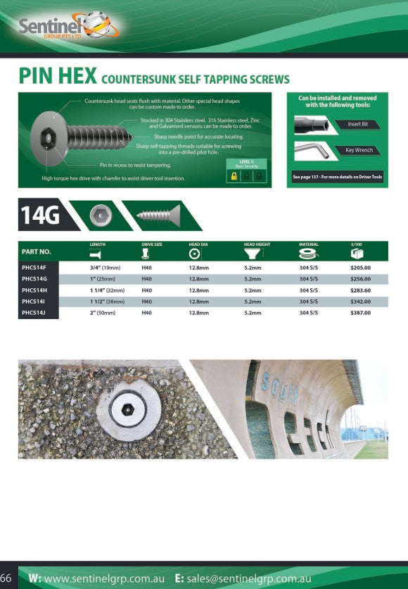 Pin Hex Countersunk 304 Stainless Steel Self Tapping Screw Box of 100 - in Various Sizes