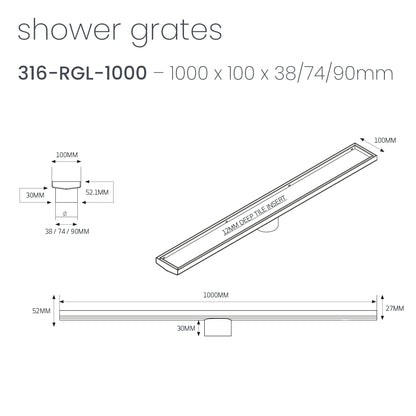 Radiant 316 Stainless Steel Linear Tile Insert Shower Grate - Various Length Options in 3 Outlet Sizes