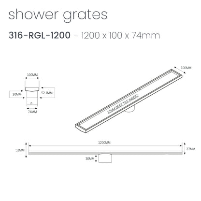 Radiant 316 Stainless Steel Linear Tile Insert Shower Grate - Various Length Options in 3 Outlet Sizes