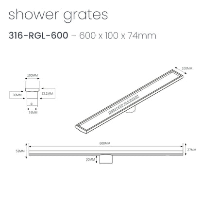 Radiant 316 Stainless Steel Linear Tile Insert Shower Grate - Various Length Options in 3 Outlet Sizes