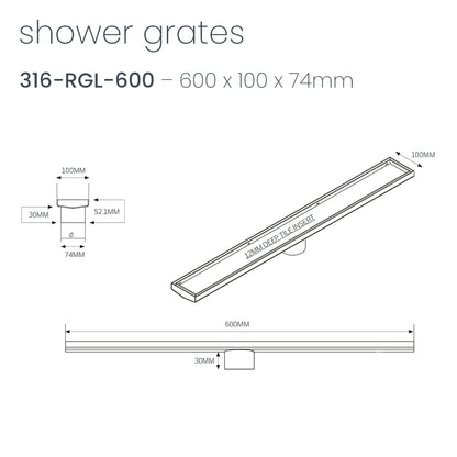 Radiant Matt Black Tile Insert Linear Shower Grate - Various Length Options in 2 Outlet Sizes