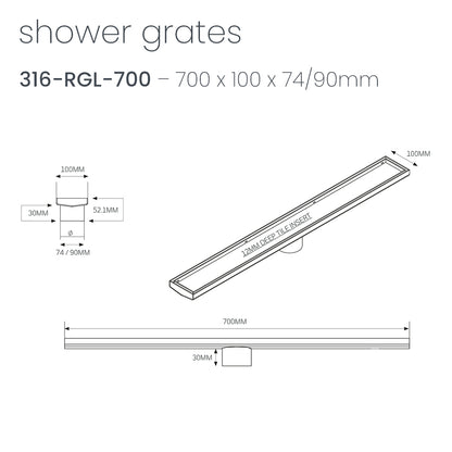 Radiant Brushed Gold Linear Tile Insert Floor Grate 100mm - 4 Length Options x 2 Outlet Sizes