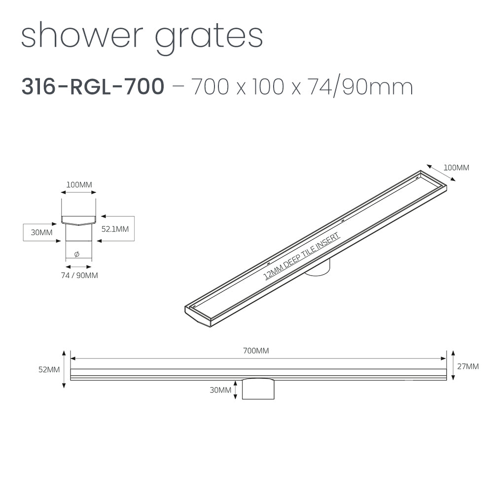 Radiant 316 Stainless Steel Linear Tile Insert Shower Grate - Various Length Options in 3 Outlet Sizes