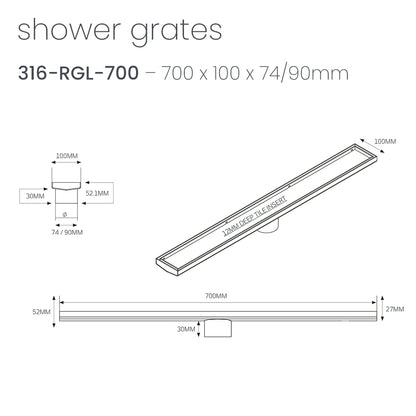 Radiant 316 Stainless Steel Linear Tile Insert Shower Grate - Various Length Options in 3 Outlet Sizes