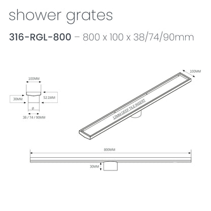 Radiant 316 Stainless Steel Linear Tile Insert Shower Grate - Various Length Options in 3 Outlet Sizes