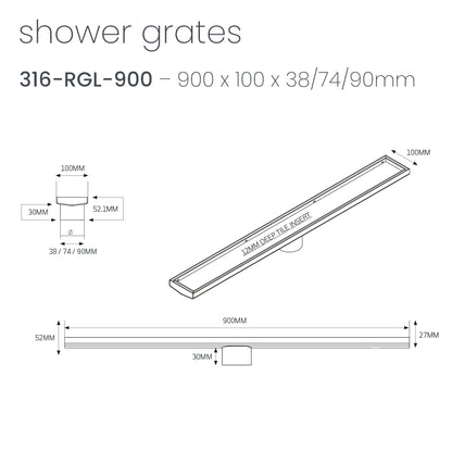 Radiant 316 Stainless Steel Linear Tile Insert Shower Grate - Various Length Options in 3 Outlet Sizes