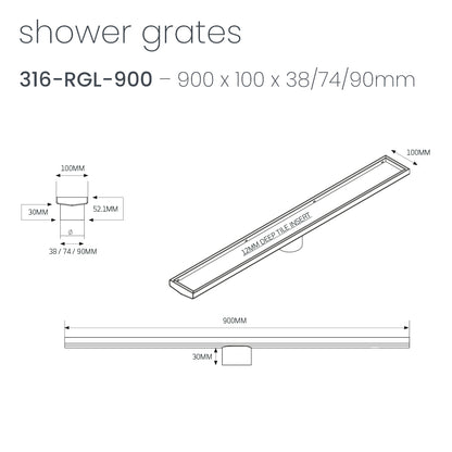 Radiant Brushed Gold Linear Tile Insert Floor Grate 100mm - 4 Length Options x 2 Outlet Sizes