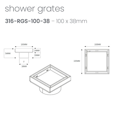 Radiant Matt Black 316 Stainless Steel Square Tile Insert Shower Grate - 2 Outlet Sizes