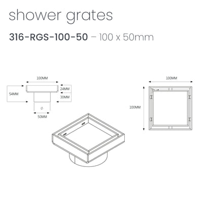 Radiant 316 Stainless Steel Square Tile Insert Shower Grate - 2 Size Options in 3 Outlet Sizes