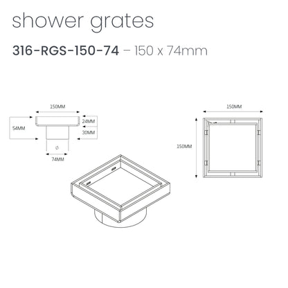 Radiant 316 Stainless Steel Square Tile Insert Shower Grate - 2 Size Options in 3 Outlet Sizes