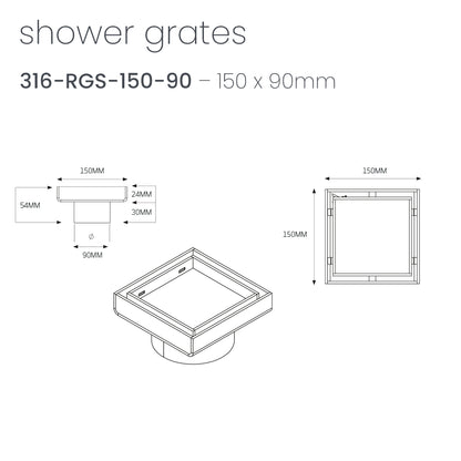 Radiant 316 Stainless Steel Square Tile Insert Shower Grate - 2 Size Options in 3 Outlet Sizes