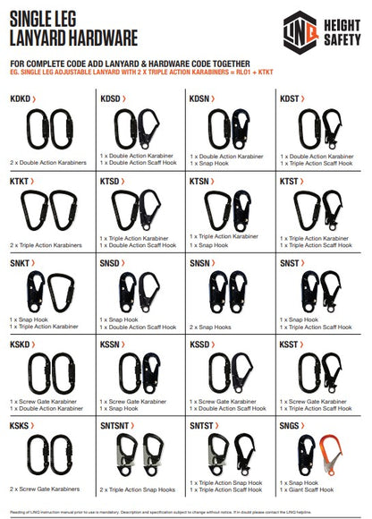 Linq Single Leg Kernmantle 2M Shock Absorb Rope Lanyard - Plus Harware