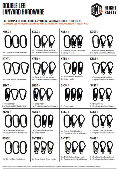 Linq Double Leg Kernmantle 2m Shock Absorb Rope Lanyard - Plus Hardware Made To Order